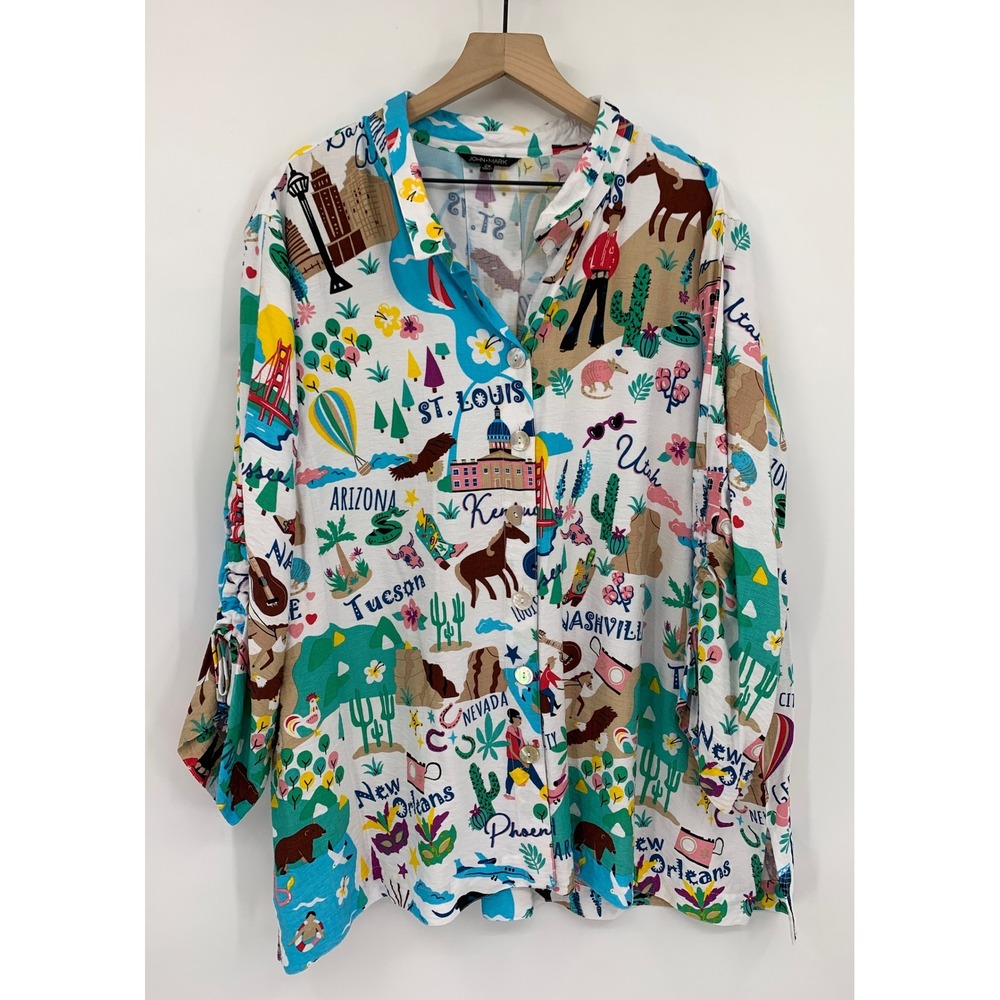 John Mark Button Up Shirt Womens 2X White Novelty USA Travel Wire Collar
